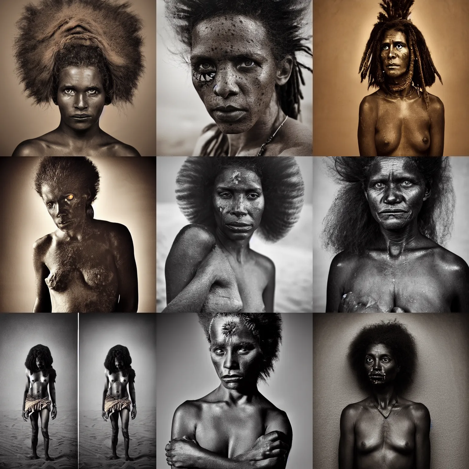 Prompt: Award Winning reportage Full-body Portrait of a Early-medieval sun-baked Antipodean black Aboriginal Female in a sand storm with incredible hair and beautiful eyes wearing animal skin and traditional decor with a Taupe dingo by Lee Jeffries, 85mm ND 5, perfect lighting, gelatin silver process