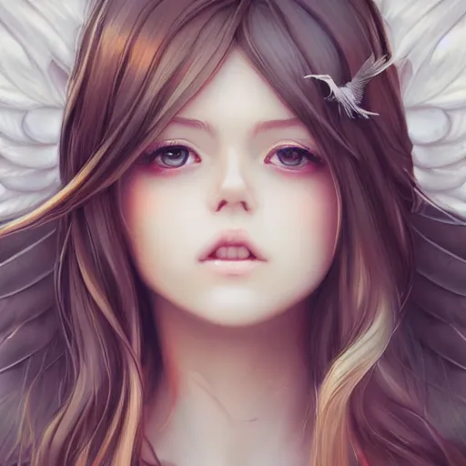 Prompt: girl with long hair and angel wings, serious, finely detailed, made by wlop, artgerm, ross tran, full body portrait, illustration, grass, sunny, sky, anime, side view, perfect anime face, detailed face, zoomed out, smooth,