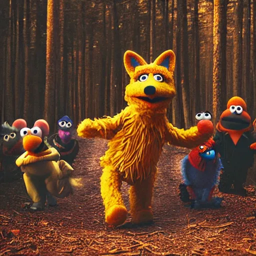 Image similar to a fox muppet wearing a hooded cloak herding a bunch of random muppet animals following behind through a dark forest, sesame street, photograph, photography, ultrarealistic, national geographic