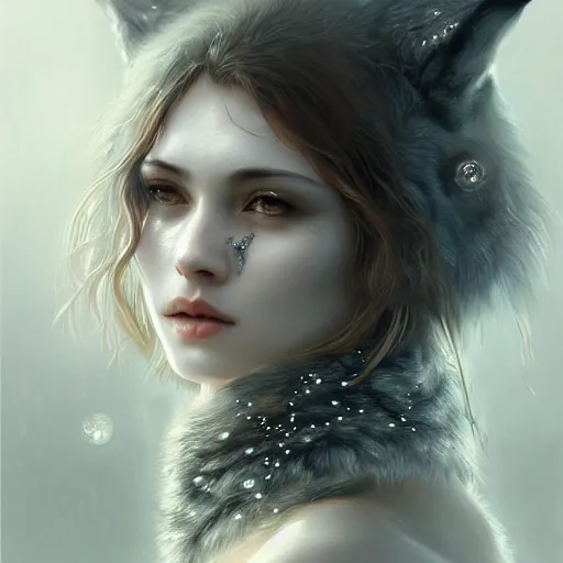 Prompt: beautiful extremely detailed intricate concept art depicting a woman wearing a wolf pelt by wlop. shining jewelry. grey atmosphere. particles in the background. bcy. net