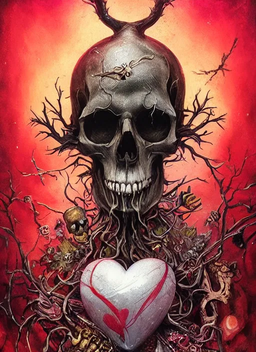 Image similar to the knave of hearts, death tarot card, highly detailed, half skull face, cinematic, 8 k, by megan duncanson, benjamin lacombe, adrian borda, stanley artgermm, tom bagshaw, craig mullins, carne griffiths, ayami kojima, beksinski, giger, trending on deviantart, hyper detailed, horror, full of colour