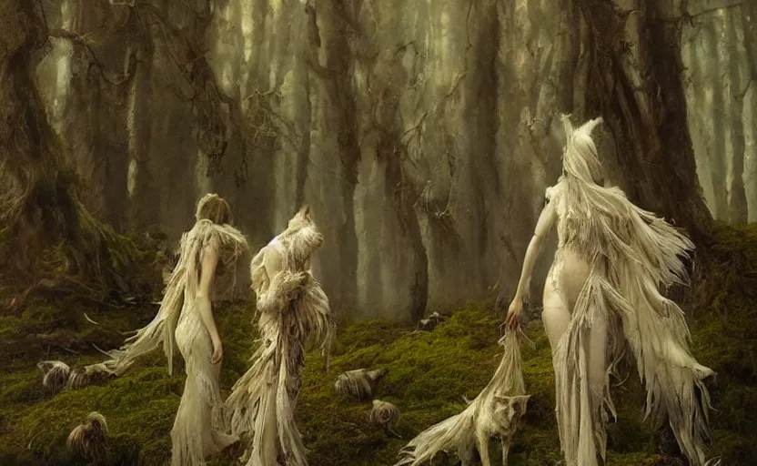 Image similar to a female spectral figure with leaves and feathers twisted in their hair is coming out of the fog with their pack of wolves, moss growing on their clothes, destructive magic pulsing at their fingertips, a spectacular intricate moody biedermeier painting, cgsociety