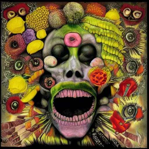 Image similar to punk cd cover, spiral, psychedelic, giuseppe arcimboldo