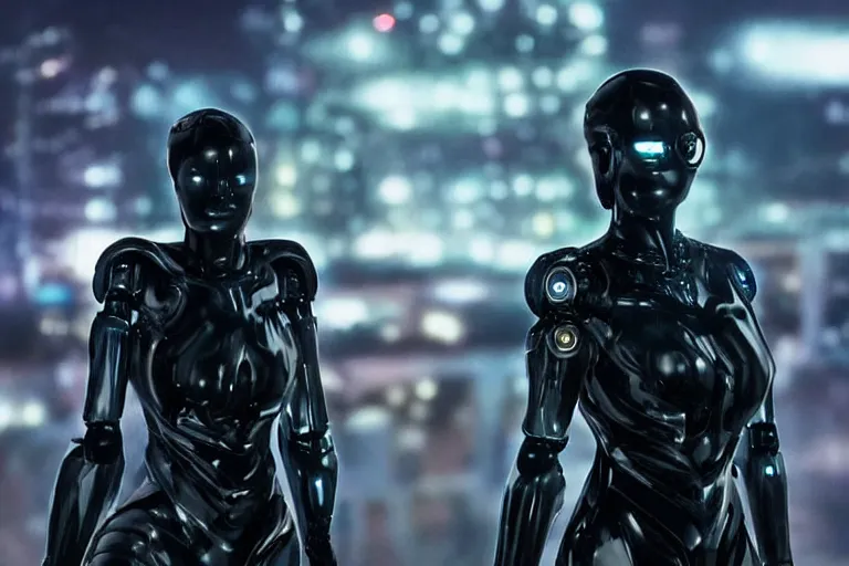 Prompt: VFX movie closeup of a gorgeous futuristic robot woman in black spandex armor in future city, hero pose, beautiful skin, city night lighting by Emmanuel Lubezki