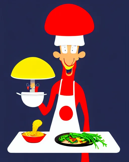 Image similar to an anthropomorphic mushroom chef cooking a meal, fantasy cartoon illustration, bold colors, simple shapes, trending on artstation
