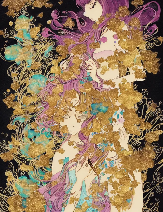 Prompt: faerie spirit of cupcakes, lost in a liminal space. this watercolor and gold leaf work by the award - winning mangaka has a beautiful composition and intricate details.