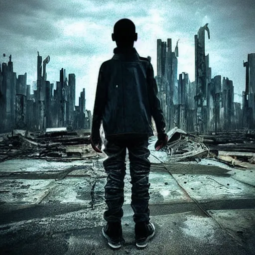 Image similar to “an android boy in a post apocalyptic, over grown super metropolis searching for people.”