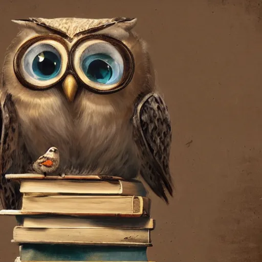 Prompt: long shot of a very cute plushy tired owl sitting on a pile of antique books, by esao andrews, by james jean, humorous illustration, hyperrealistic, big depth of field, fresh colors, dim light, 3 d octane render conceptart, 4 k, hyperdetailed, trending on artstation