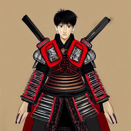 Prompt: “K-pop star Changbin as a samurai warrior, armored, digital art, award winning”