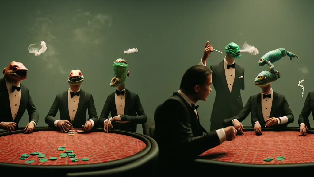 Image similar to hyperrealism simulation highly detailed human turtles'wearing detailed tuxedos and smoking, playing poker in surreal scene from cyberpunk movie from future by wes anderson and denis villeneuve and mike winkelmann rendered in blender and octane render