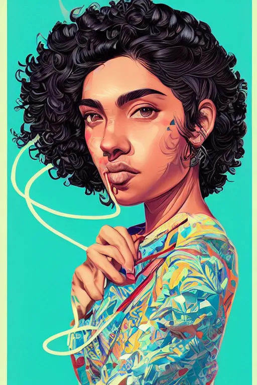 Prompt: hispanic girl short curly hair, and a shortbeard mixed race man, tristan eaton, victo ngai, artgerm, rhads, ross draws