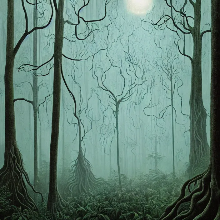 Image similar to charles burchfield art painting, beautiful arboreal forest by Adriaan Herman Gouwe, oregon washington rain forest by beeple, a beautiful and insanely detailed matte painting of alien dream worlds with surreal architecture designed by Heironymous Bosch, mega structures inspired by Heironymous Bosch's Garden of Earthly Delights, vast surreal landscape and horizon by Jim Burns, rich pastel color palette