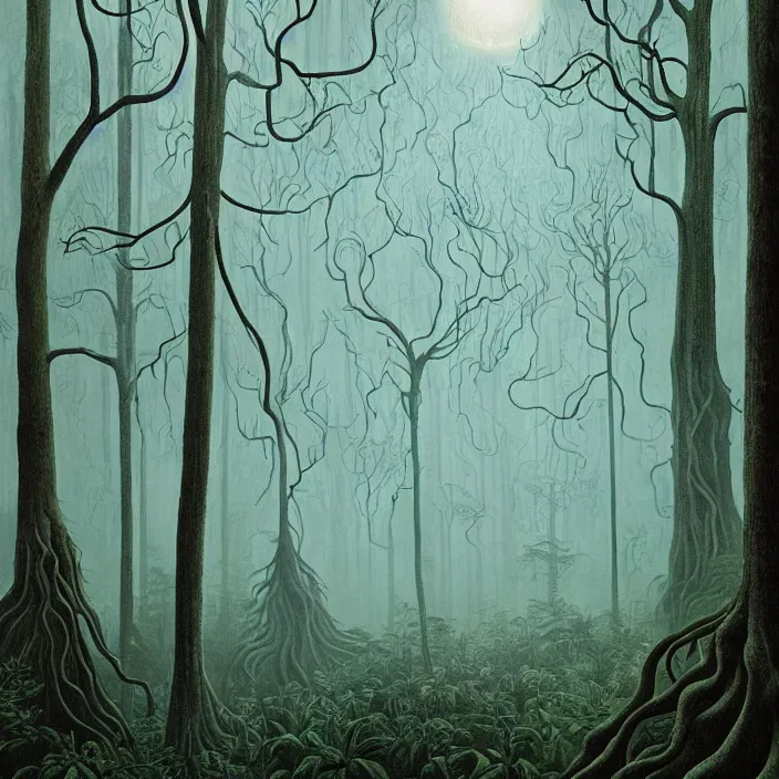 Prompt: charles burchfield art painting, beautiful arboreal forest by Adriaan Herman Gouwe, oregon washington rain forest by beeple, a beautiful and insanely detailed matte painting of alien dream worlds with surreal architecture designed by Heironymous Bosch, mega structures inspired by Heironymous Bosch's Garden of Earthly Delights, vast surreal landscape and horizon by Jim Burns, rich pastel color palette