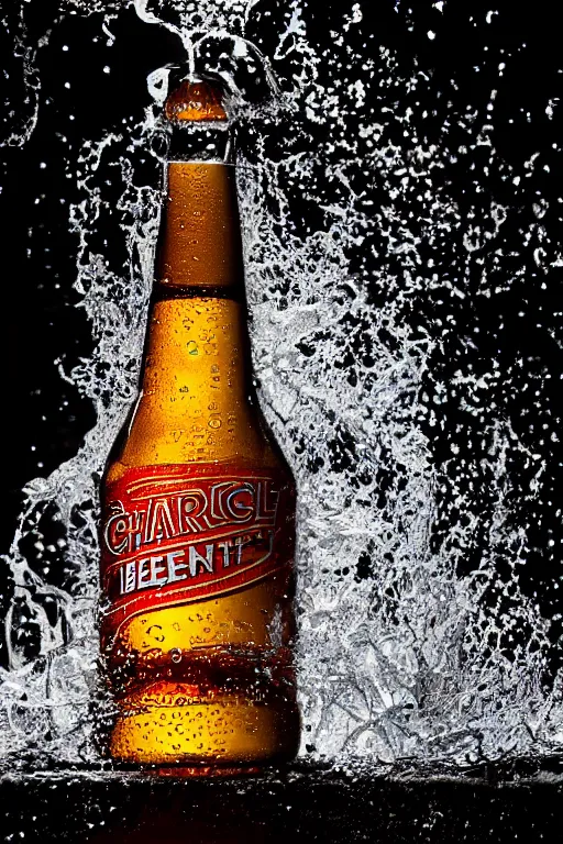 Prompt: a high detail photo of a full size bottle of beer, splashes of liquid, energetic, delicate by marcel christ