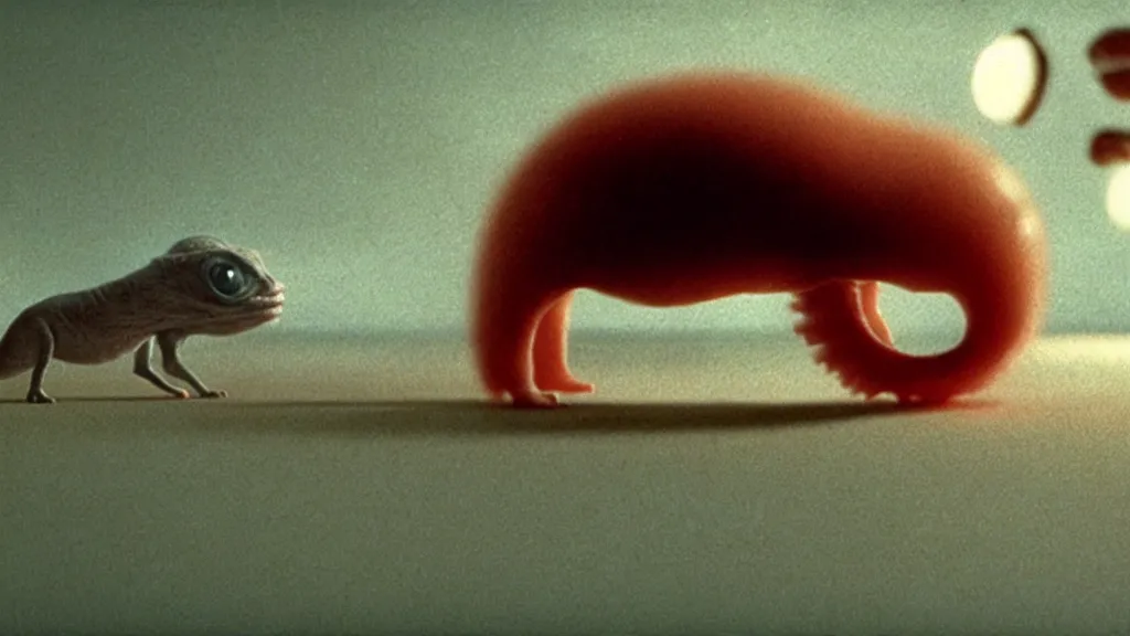 Image similar to a tiny strange creature barely appears on a piece of sushi, film still from the movie directed by Denis Villeneuve with art direction by Zdzisław Beksiński, wide lens