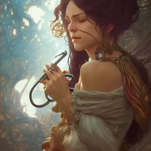 Image similar to a strange blowing horn, d & d, fantasy, intricate, elegant, highly detailed, digital painting, artstation, concept art, smooth, sharp focus, illustration, art by artgerm and greg rutkowski and alphonse mucha