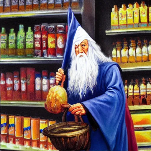 Image similar to oil painting of Gandalf wearing wizard hat, stacking supermarket shelves, depressing, sadW 704