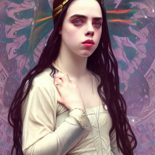 Image similar to Billie Eilish as female loki, oil on canvas, noir, trending on artstation, by Alphonse Mucha and Edmund Blair Leighton and Charlie