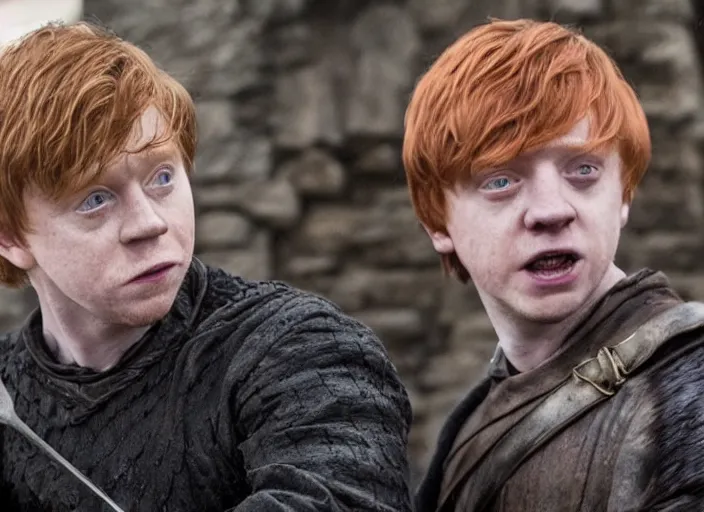 Image similar to hands - on ron weasley as thehnellor in game of thrones, attractive rupert grint as thehnellor in game of thrones, handsome portrait of the actor, live action film, cinematic photo, clear hd image