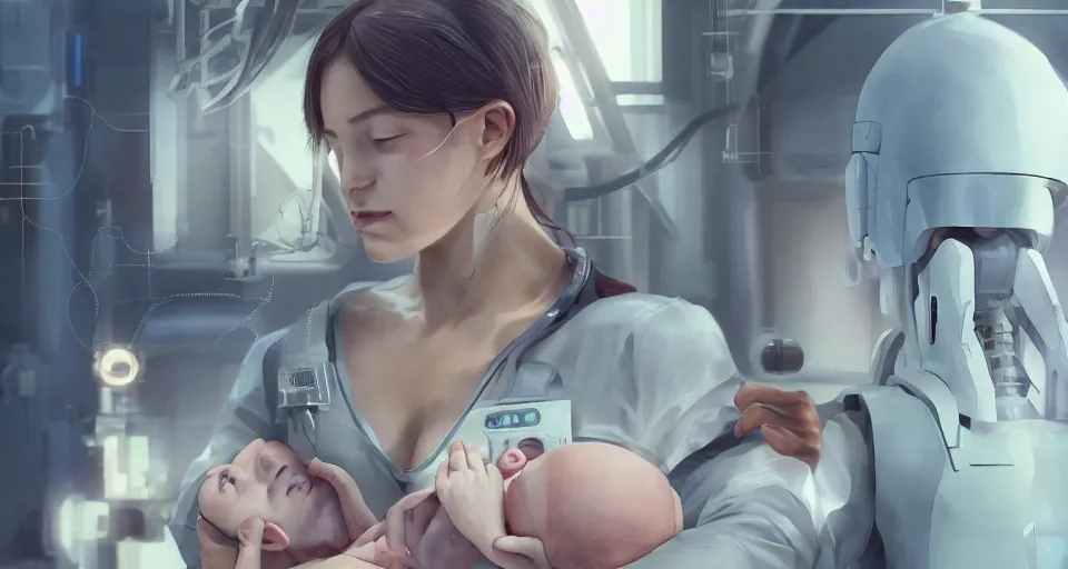 Image similar to a very very very very very very beautiful realistic still of a woman holding a newly born cyborg baby in a cyborg factory hospital, rendered by beeple, by makoto shinkai, syd meade, starwars, space art concept, sci - fi, digital art, unreal engine, wlop, trending on artstation, 4 k uhd image, octane render