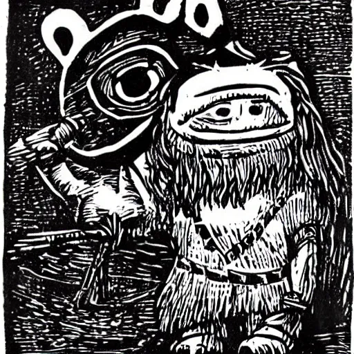 Prompt: pepe the frog, viking saga, woodcut by christian krohg