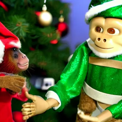 Prompt: capuchin monkey putting christmas tree ornament on christmas tree, standing next to humanoid robot, living room, 2 0 0 6 youtube video