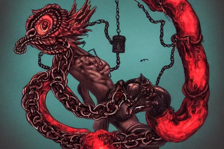 Prompt: lucifer, dark angel, hybrid human with snake, red eyes, chain, handcuffs, large chain, wide open mouth, scream, cruelty, sea bottom, light effect, hyper detailed