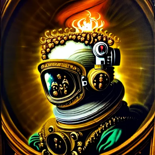 Prompt: an extreme detailed baroque rococo painting with detailed textures of a headless astronaut with quantum fire pouring from his visor, disturbing cybergothic high image quality