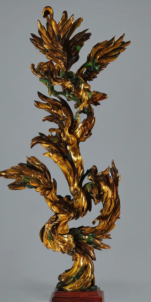 Prompt: baroque wood and gold phoenix sculpture with jade veins