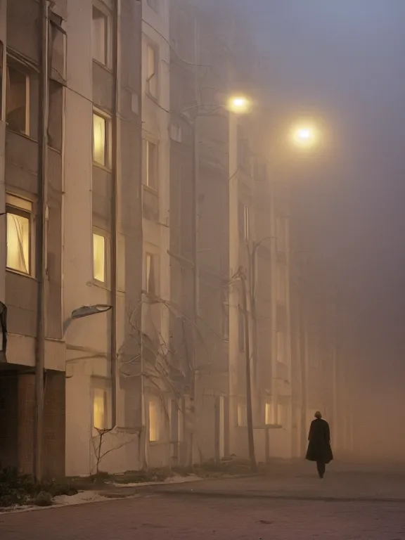 Image similar to film still of low residential building in russian suburbs, lights are on in the windows, deep night, post - soviet courtyard, cozy atmosphere, light fog, street lamps with orange light, several birches nearby, several elderly people stand at the entrance to the building