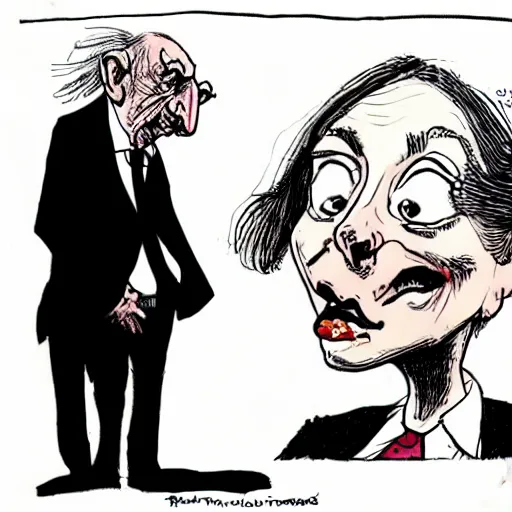 Prompt: Liz Truss looking sad, political cartoon, style of Ralph Steadman