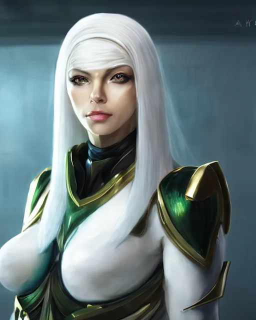 Image similar to perfect white haired attractive egyptian goddess, warframe armor, beautiful, symmetric, dreamy, half asian, pretty face, green eyes, charlize theron, detailed, scifi platform, laboratory, experiment, 4 k, ultra realistic, epic lighting, android body, illuminated, cinematic, masterpiece, art by akihito tsukushi, voidstar