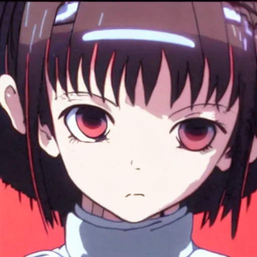 Prompt: the look in lain's eyes as she destroys the world and all the people in it
