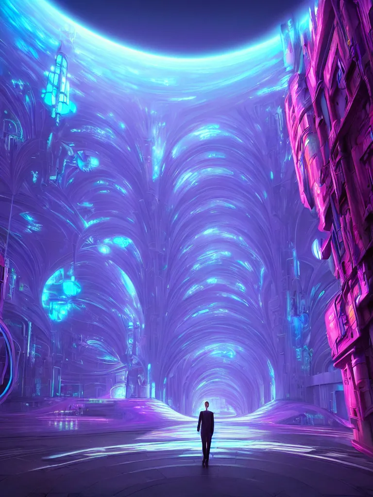 Prompt: entrance to matrix ethereal realm, ai sentient, rendered in unreal engine, central composition, symmetrical composition, dreamy colorful cyberpunk colors, 6 point perspective, fantasy landscape with anthropomorphic terrain in the styles of igor morski, jim warren and rob gonsalves, intricate, hyperrealistic, volumetric lighting, neon ambiance, distinct horizon