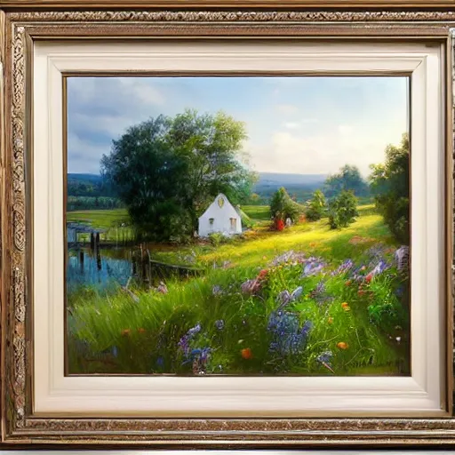 Image similar to Swedish countryside, freedom, dawn, archipelago, painting by Vladimir Volegov