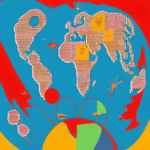 Image similar to the earth as an atom with electrons in orbit, colourful, in the style of Charley Harper