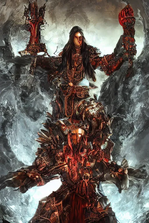 Image similar to Path of Exile, Sirius, clear [bronze] face, luminous red eyes, male image with bronze black armor, sitting on the throne, inside the ruined gothic church, black shadows, red lasers, dark red bloody fog, black-grey smoky tornadoes fly around, [[blood]], Anachronism, painting, dark fantasy, steampunk, 4k, perfect quality,