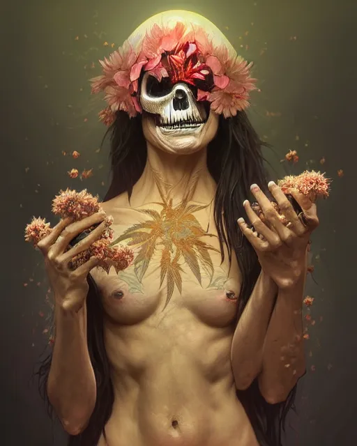 Image similar to portrait of grim reaper, burning face, upper body, decorated with cannabis flowers, intricate, elegant, highly detailed, digital painting, artstation, concept art, smooth, sharp focus, illustration, art by artgerm and greg rutkowski and alphonse mucha, 8 k