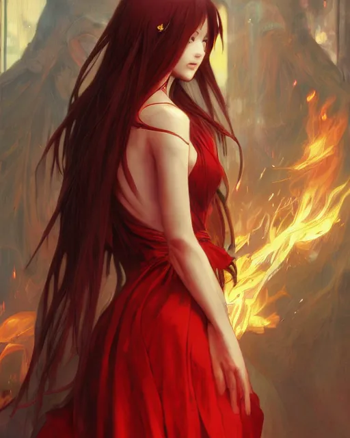 Image similar to red eyed beautiful long haired anime girl, red dress, full body photo, flames everywhere, highly detailed, digital painting, artstation, concept art, smooth, sharp focus, illustration, art by artgerm and greg rutkowski and alphonse mucha