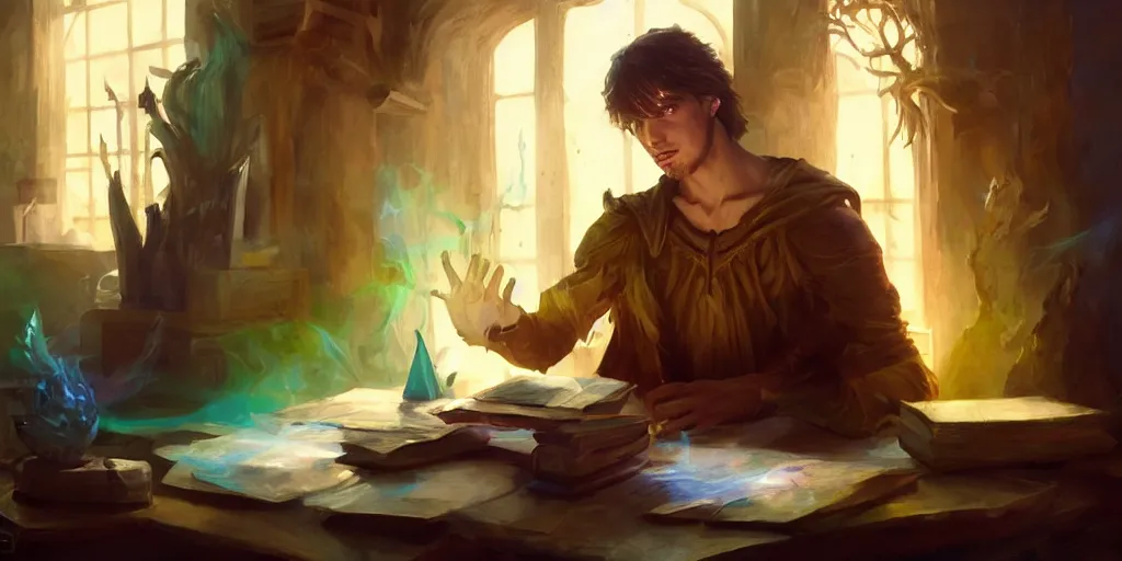 Image similar to a young caucasian male mage they are in a alchemy workshop working at there desk. coherent face, coherent hands, colorful, light rays, medium shot, waist up, sharp focus, bloom, dramatic lighting, very detailed, animation still by magali villeneuve, artgerm, jeremy lipkin and michael garmash, rob rey and kentaro miura style