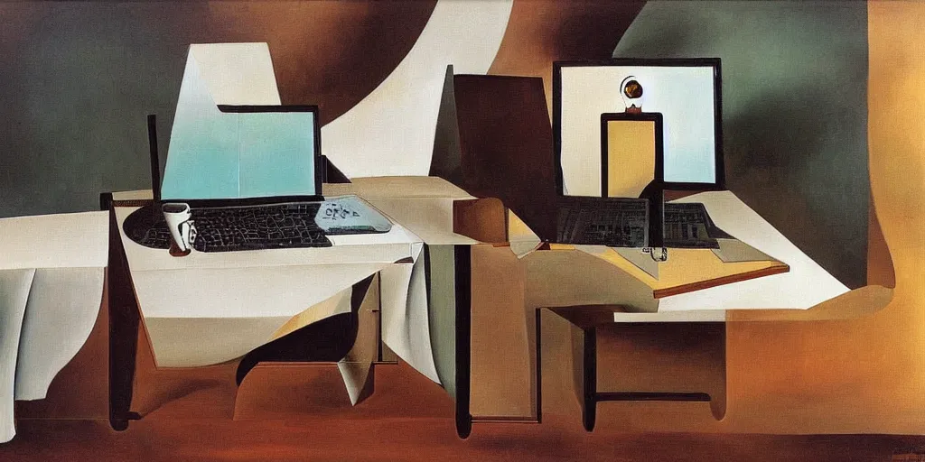 Image similar to A painting of a table with a computer on it, by Salvador Dalí