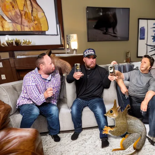 Image similar to alex jones and squirrel squad in living room drinking modelos