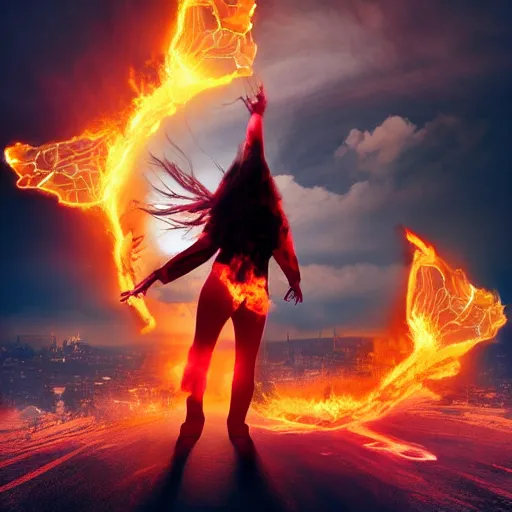Image similar to a woman up there, sci - fi, on fire, giant, photoshop, creative and cool, photo manipulation, low angle