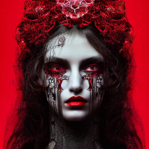 Prompt: a female model by stefan geselle and nekro borja, photorealistic, cyberpunk, intricate details, hyper realistic, red lace headpiece, dark beauty, photorealistic, canon r 3, photography, wide shot, photography, dark beauty, symmetrical features