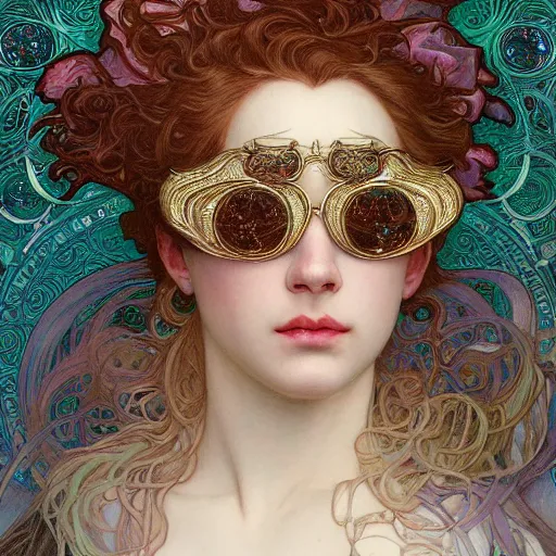 Prompt: aesthetic portrait commission of an albino woman wearing jeweled sunglasses in thick clouds, minimalistic art, hyperdetailed detailed, by Alphonse Mucha, Ayami Kojima, Amano, Charlie Bowater, Karol Bak, Greg Hildebrandt, Jean Delville and Mark Brooks, Art Nouveau, Neo-Gothic, gothic, pastel colors award winning painting