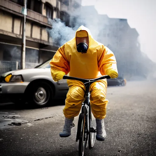 Image similar to a photo of a female wearing a hazmat suit, riding a bike, side-view, smoke in the background, filthy streets, broken cars. Vines growing. Jpeg artifacts. Full-color photo. Color color color color color. Award-winning photo. OM system 12–40mm PRO II 40mm, 1/100 sec, f/2 8, ISO 800