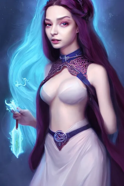 Prompt: portrait of a gorgeous young female wizard, looking at camera, D&D, choker on neck, stylish robe, mouth slightly open, cute slightly nerdy smile, very long flowing hair, intricate, elegant, stylish, fantasy, extremely detailed, digital painting, artstation, concept art, smooth, sharp focus, illustration, stunning lighting, art by artgerm and greg rutkowski and alphonse mucha and simon stalenhag