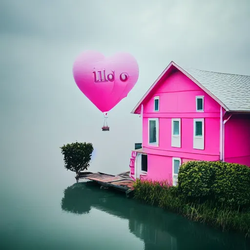 Image similar to a 5 0 mm lens photograph of a cute pink floating modern house, floating in the air between clouds, inspired by the movie up, held up from above by heart ballons. mist, playful composition canon, nikon, award winning, photo of the year