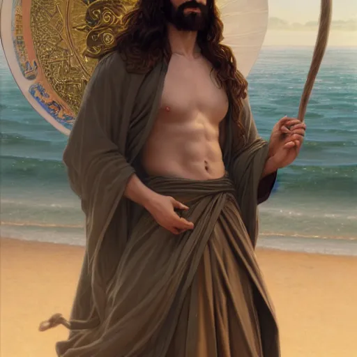 Image similar to a ridiculously good looking jesus that looks like a jewish gigachad, long curly hair, elegant ancient greek dress, very detailed, coast as the background, beautiful, intricate, cinematic, artstation, william bouguereau, alphonse mucha, greg rutkowski, rossdraws, octane render