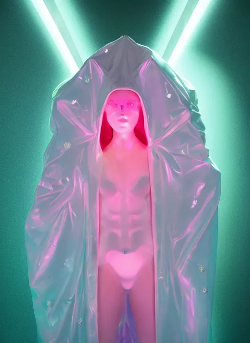 Image similar to photo of fullbodied baroque and bladerunner delicate neon diamond sculpture of seductive ceramic albino marble prince brian whittaker dotado mint iridescent humanoid deity wearing pink plastic trashbag hooded cloak holding diamond skull in a white alien dungeon, reclining, glowing magenta face, crown of white diamonds, cinematic lighting, photorealistic, octane render 8 k depth of field 3 d